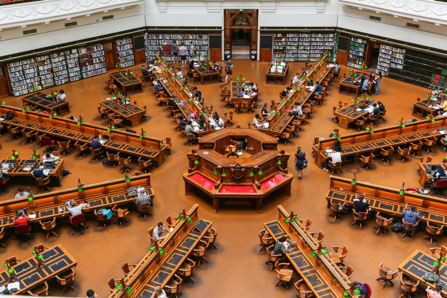 Grand library reading room seen from above