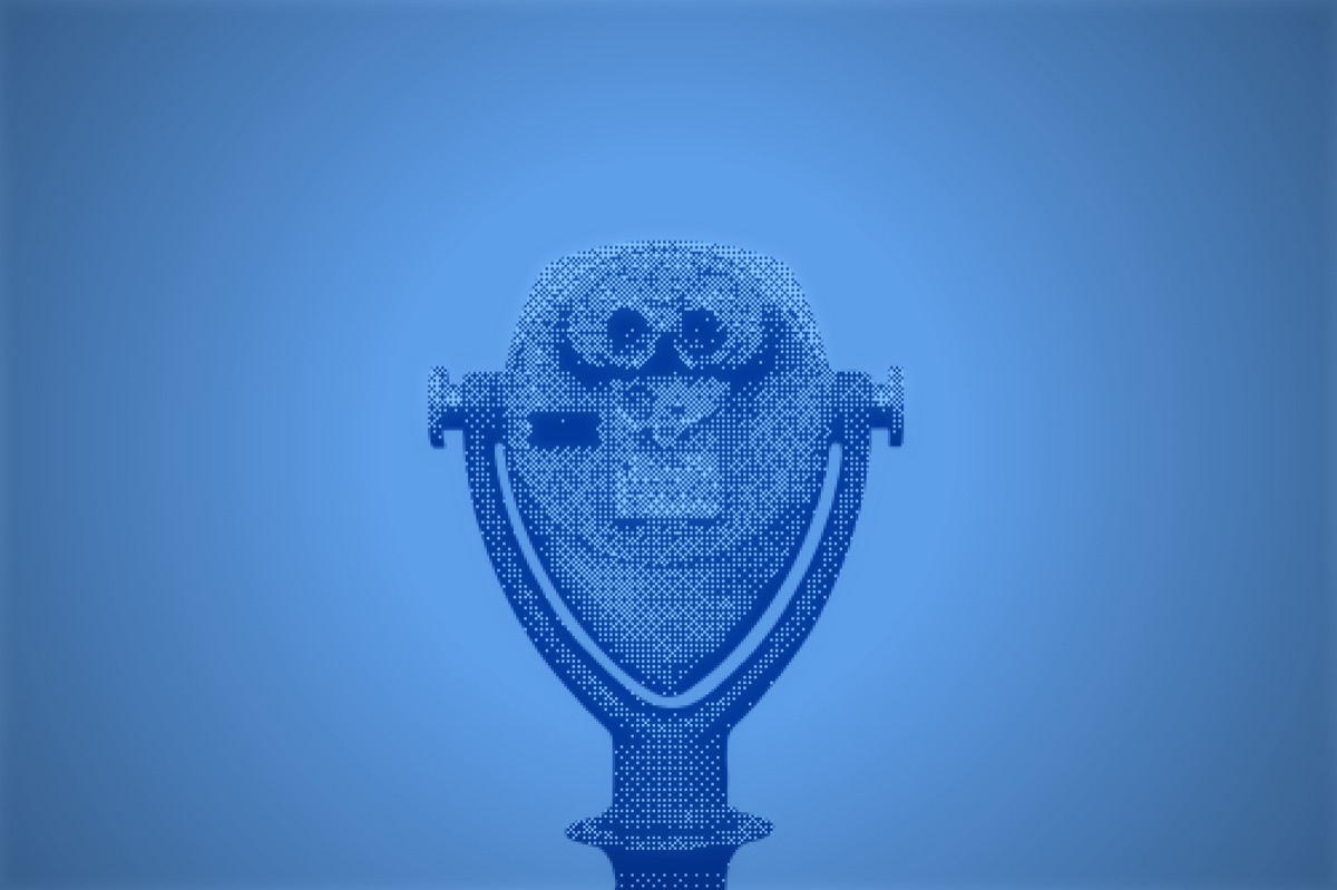 A coin-operated tower viewer rendered as a blue halftone duotone