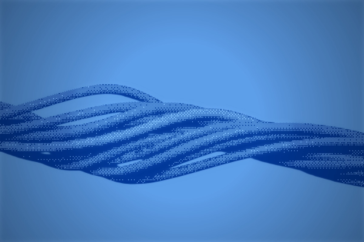 Flowing data currents rendered as a blue halftone duotone