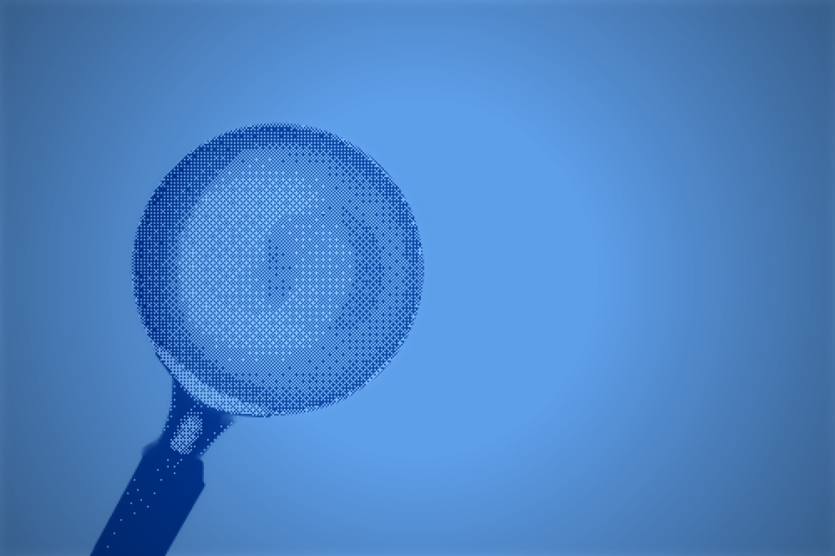 A magnifying glass rendered as a blue halftone duotone