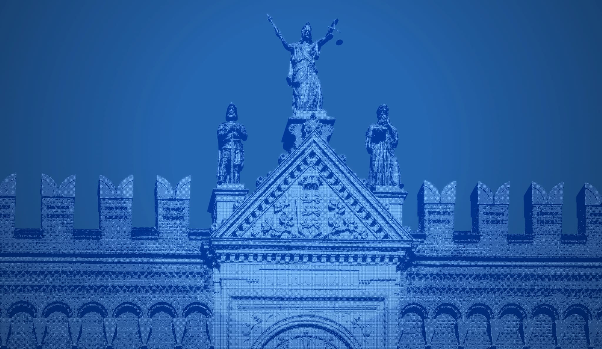 A courthouse crowned by a Lady Justice statue, rendered in blue duotone