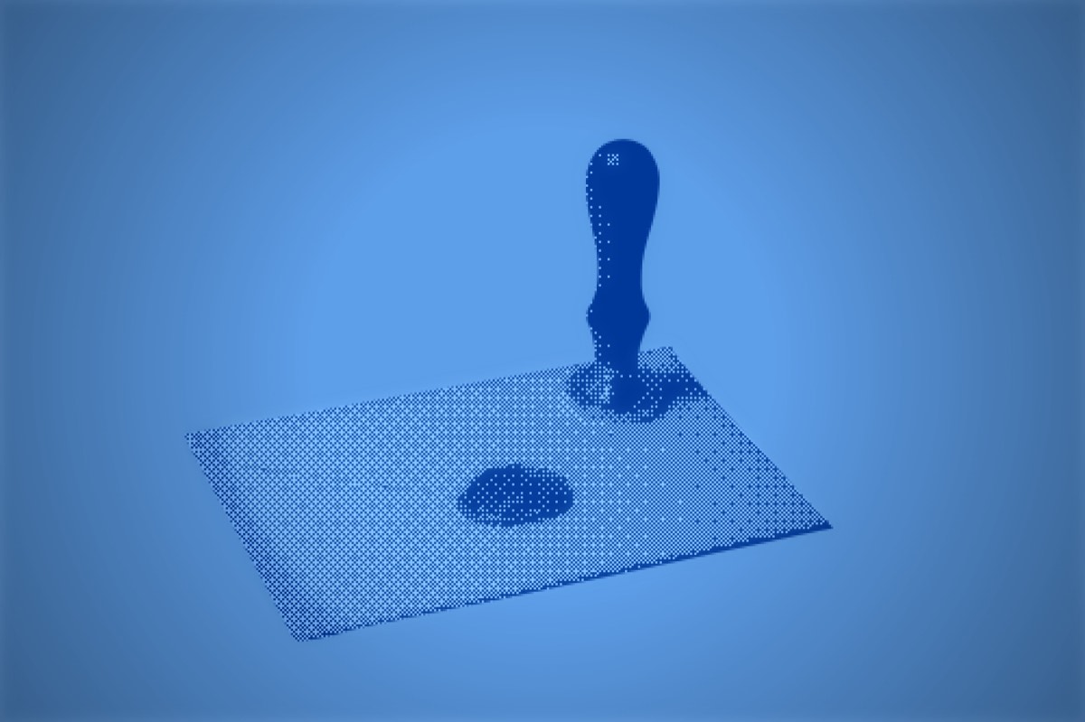 A wax stamp pressed into paper, rendered as a blue halftone duotone