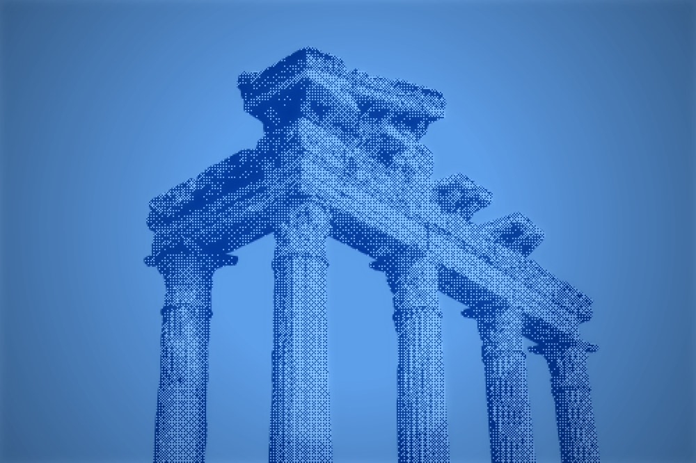 Classical temple columns, blue duotone