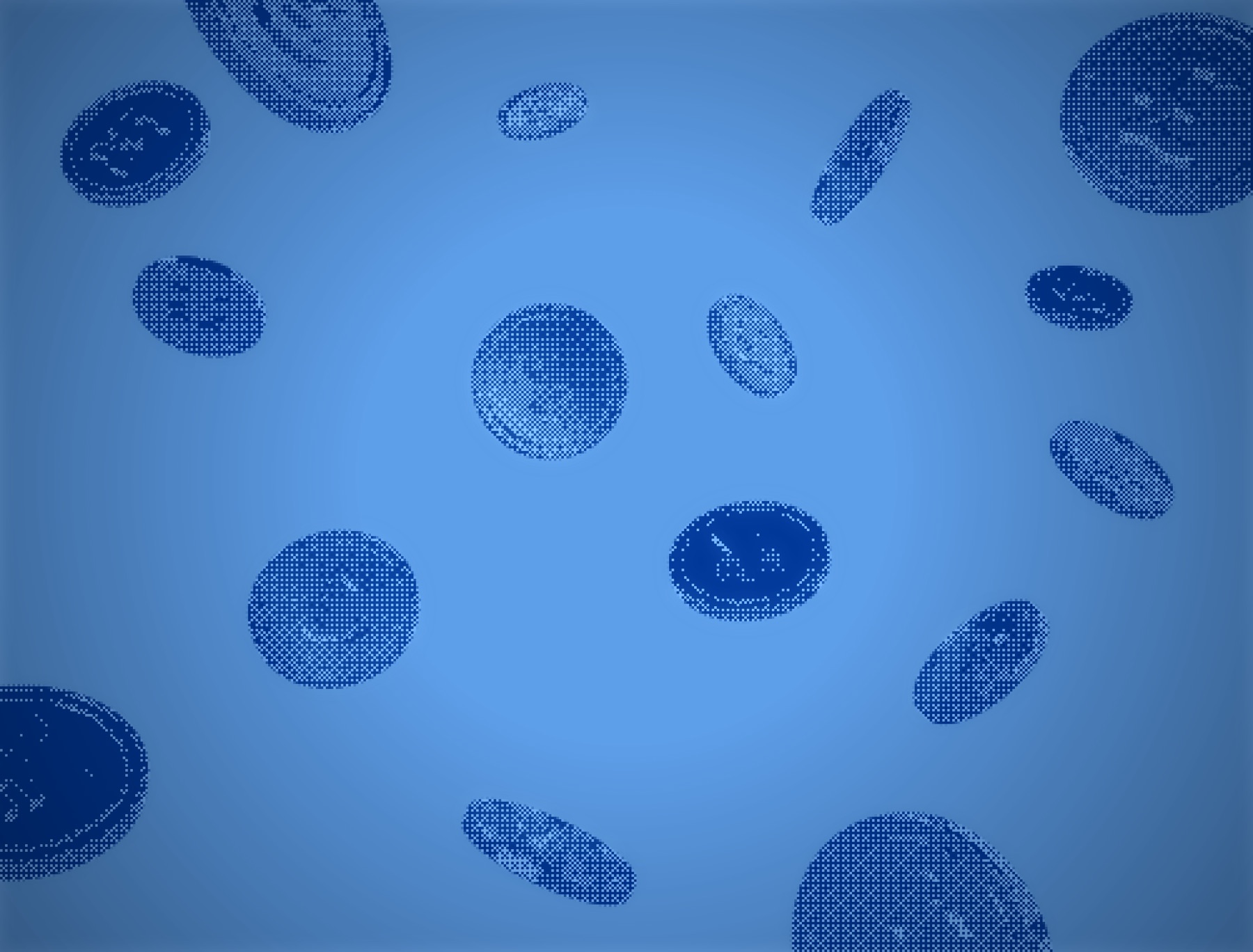 Falling coins rendered as a blue halftone duotone